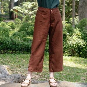 Hannah Canvas Linen Crop Pants in Brown Size Large Elastic Waist Minimalist